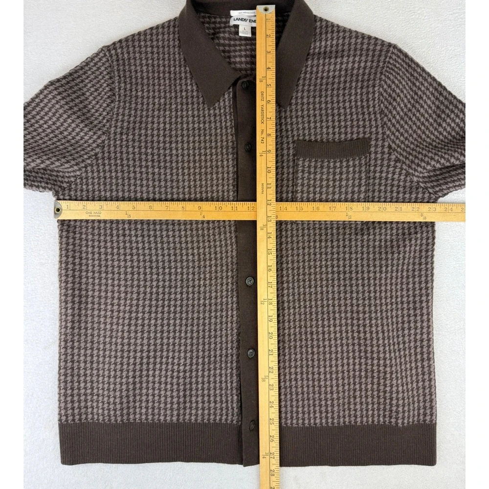 Lands' End Cardigan Mens L Brown Houndstooth Merino Wool Button Polo Sweater